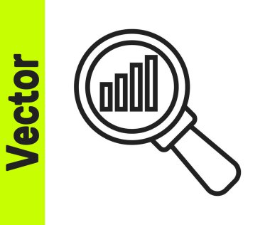 Beyaz zemin üzerinde siyah çizgi büyüteç ve veri analiz simgesi izole edildi. Vektör.