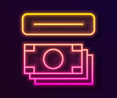 Parlak neon hattı ATM - Otomatik veznedar makinesi ve para ikonu siyah arkaplanda izole edildi. Vektör.
