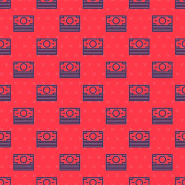 Blue Line Stacks kağıt para para ikonu izole kırmızı arka planda kusursuz desen. Para desteleri. Para birimi. Vektör.