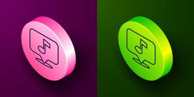 Isometric line Musical note in speech bubble icon isolated on purple and green background. Music and sound concept. Circle button. Vector.