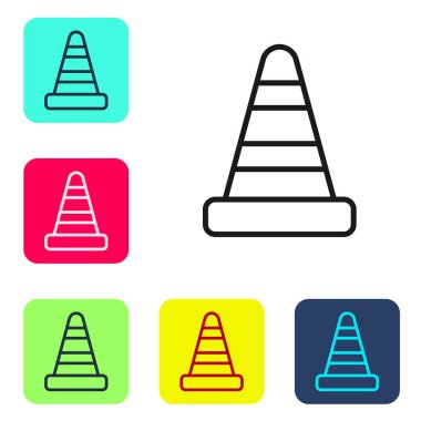 Beyaz arka planda siyah çizgi trafik konisi simgesi izole edildi. Renkli kare düğmelerle simgeleri ayarla. Vektör.