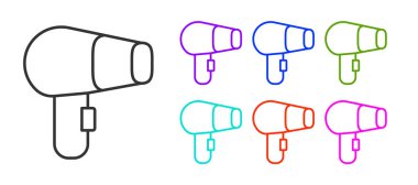 Siyah çizgi saç kurutma ikonu beyaz arkaplanda izole edildi. Saç kurutma makinesi tabelası. Saç kurutma sembolü. Sıcak hava üflüyor. Simgeleri renklendirin. Vektör.