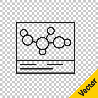 Siyah çizgi kimyasal formül simgesi şeffaf arkaplanda izole edildi. Yenilikçi tıp, sağlık, araştırma ve bilim için soyut altıgen. Vektör.