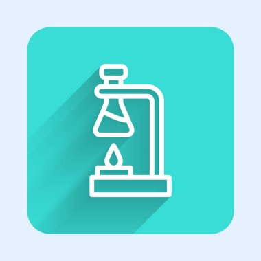 White line Glass test tube flask on fire heater experiment icon isolated with long shadow. Laboratory equipment. Green square button. Vector.