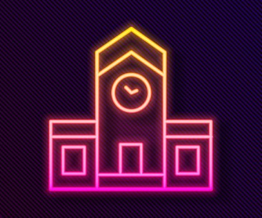 Glowing neon line Railway station icon isolated on black background.  Vector.