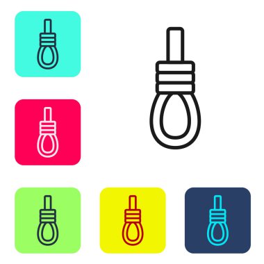 Beyaz arka planda siyah çizgi darağacı halat asılı ikon izole. İpe bağlanmış halat. İntihar, asılma ya da linç. Renkli kare düğmelerle simgeleri ayarla. Vektör.