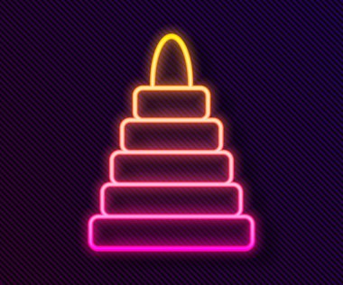 Parlayan neon hattı piramit oyuncağı simgesi siyah arkaplanda izole edildi. Vektör.