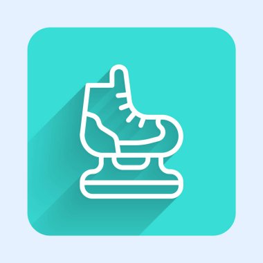White line Skates icon isolated with long shadow. Ice skate shoes icon. Sport boots with blades. Green square button. Vector.