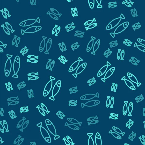 Зелена Лінія Піктограма Сухої Риби Ізольовано Безшовний Візерунок Синьому Фоні — стоковий вектор