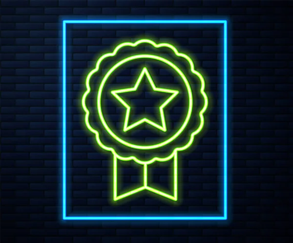 Zářící Neonová Čára Medaile Ikonou Hvězdy Izolované Pozadí Cihlové Zdi — Stockový vektor