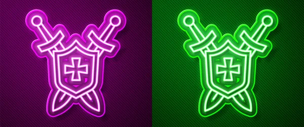 Glowing Neon Line Medieval Shield Crossed Swords Icon Isolated Purple — Vetor de Stock