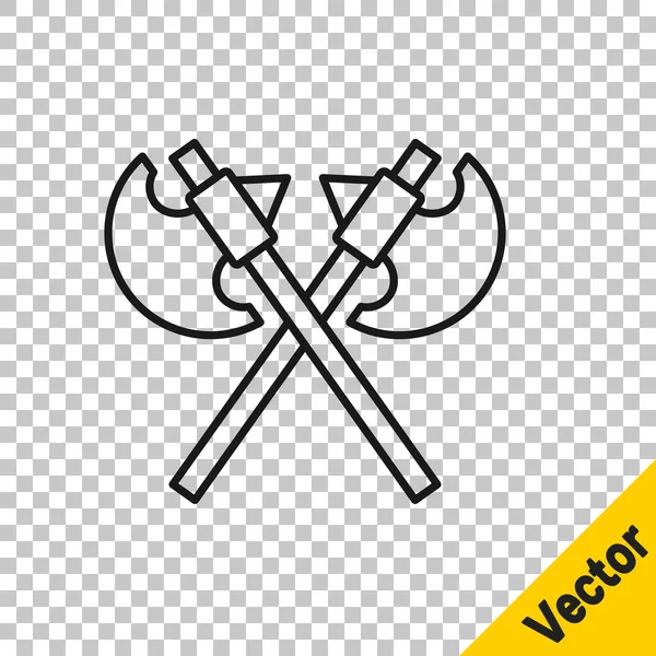 Black Line Crossed Medieval Axes Icon Isolated Transparent Background Battle — Stock Vector