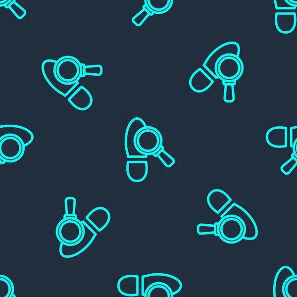 Green Line Magnifying Glass Footsteps Icon Isolated Seamless Pattern Blue — Vetor de Stock