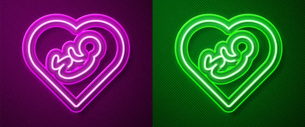 Świecące Neon Linii Dziecko Wewnątrz Ikony Serca Izolowane Fioletowym Zielonym — Wektor stockowy