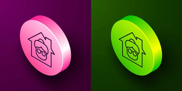 Изометрическая Линия Строительства Дома Престарелых Икона Изолированы Фиолетовом Зеленом Фоне — стоковый вектор