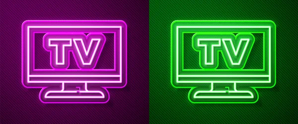 Gloeiende Neon Lijn Smart Pictogram Geïsoleerd Paarse Groene Achtergrond Televisieteken — Stockvector