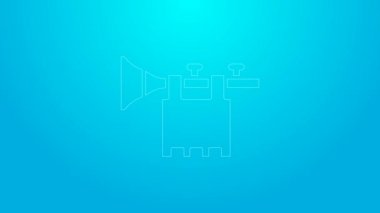 Mavi zemin üzerinde bayrak simgesi olan pembe çizgili Trompet. Müzik aleti trompeti. 4K Video hareketli grafik canlandırması