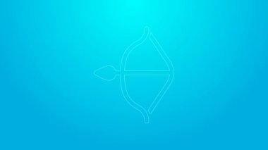 Pembe çizgi ortaçağ yayı ve ok ikonu mavi arka planda izole edilmiş. Ortaçağ silahı. 4K Video hareketli grafik canlandırması