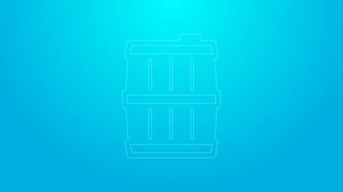Pembe çizgi ahşap varil ikonu mavi arka planda izole edilmiş. Alkol fıçısı, içki kabı, bira için tahta fıçı, viski, şarap. 4K Video hareketli grafik canlandırması