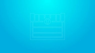 Mavi arka planda izole edilmiş pembe çizgi antika hazine sandığı ikonu. Altın sikkeli klasik tahta sandık. 4K Video hareketli grafik canlandırması