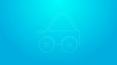 Mavi arka planda saman ikonu olan dört tekerlekli pembe ahşap bir araba. 4K Video hareketli grafik canlandırması