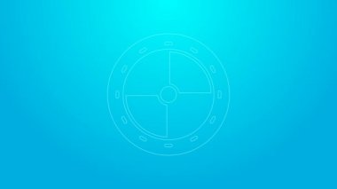 Pembe çizgi yuvarlak ahşap kalkan ikonu mavi arkaplanda izole edilmiş. Güvenlik, güvenlik, koruma, mahremiyet, koruma kavramı. 4K Video hareketli grafik canlandırması