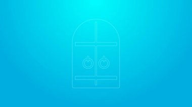 Pembe çizgi Ortaçağ kale kapısı ikonu mavi arka planda izole edilmiş. Ortaçağ kalesi. Düşmanlardan koruma. 4K Video hareketli grafik canlandırması