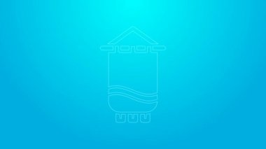 Pembe çizgi ortaçağ bayrağı simgesi mavi arkaplanda izole edilmiş. Bir kral ya da kraliçe tarafından yönetilen ülke, devlet ya da bölge. 4K Video hareketli grafik canlandırması