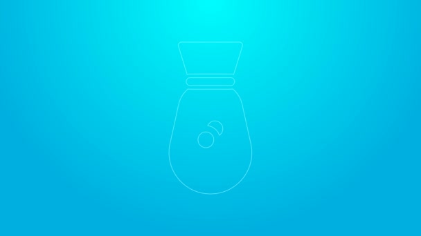 Linea rosa Vecchia icona sacchetto di denaro isolato su sfondo blu. Bancomat Banking segno di valuta. Animazione grafica 4K Video motion — Video Stock