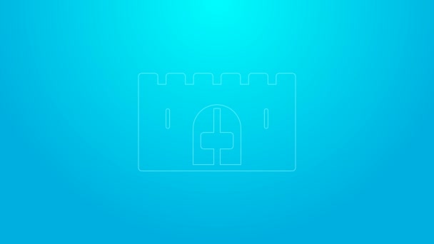 粉红线中世纪城堡大门中的石墙图标隔离在蓝色背景上.中世纪的要塞免遭敌人的攻击。4K视频运动图形动画 — 图库视频影像