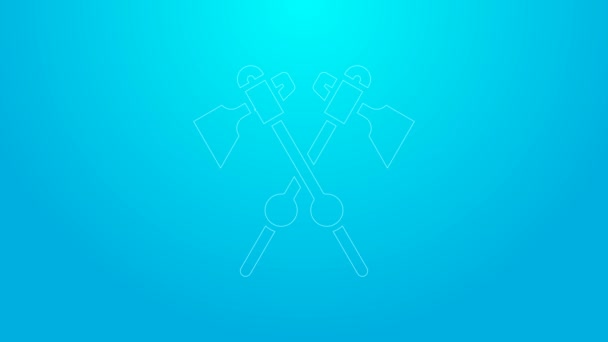 Pink line Crossed medieval axes icon isolated on blue background. Battle axe, executioner axe. Medieval weapon. 4K Video motion graphic animation — Stock Video
