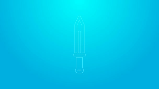Pink line Medieval sword icon isolated on blue background. Medieval weapon. 4K Video motion graphic animation — Stock Video