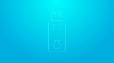 Pembe çizgi USB flash disk simgesi mavi arkaplanda izole edildi. 4K Video hareketli grafik canlandırması