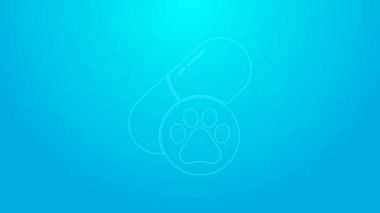 Pembe çizgi köpek hapı ikonu mavi arka planda izole edilmiş. Hayvan için reçeteli ilaç. 4K Video hareketli grafik canlandırması