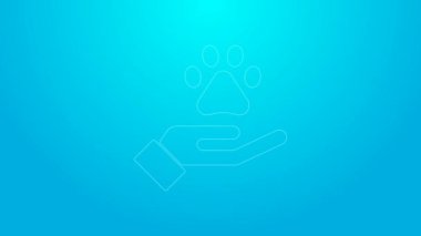 Pembe çizgili Eller mavi arka planda izole edilmiş hayvanların ayak izi ikonu. Yüreğindeki evcil hayvan pençesi. Hayvanlara sevgiler. 4K Video hareketli grafik canlandırması
