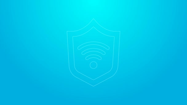 Pink line Shield与WiFi无线网络符号图标隔离在蓝色背景上。保护安全概念。4K视频运动图形动画 — 图库视频影像