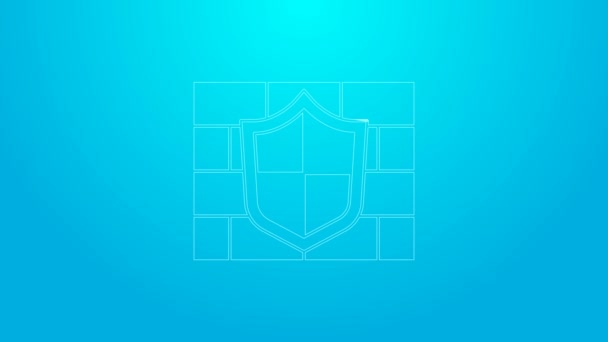 Escudo de línea rosa con icono de pared de ladrillo de seguridad cibernética aislado sobre fondo azul. Símbolo de protección de datos Firewall. Protección de la red. Animación gráfica de vídeo 4K — Vídeos de Stock