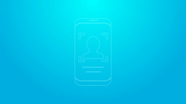 Pink line Mobile phone and face recognition icon isolated on blue background. Face identification scanner icon. Facial id. Cyber security. 4K Video motion graphic animation — Stock Video