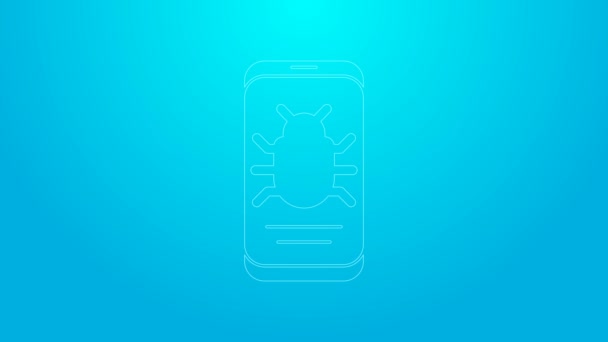 Ligne rose bug système sur icône mobile isolé sur fond bleu. Concept de bug de code. Bug dans le système. Recherche de bugs. Animation graphique de mouvement vidéo 4K — Video