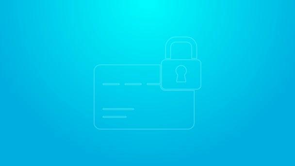 Розовая линия Кредитная карта с значком замка изолированы на синем фоне. Закрытая банковская карта. Безопасность, безопасность, защита. Концепция безопасной оплаты. Видеографическая анимация 4K — стоковое видео