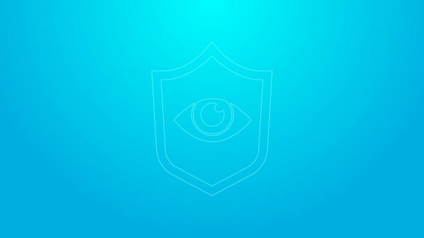 Růžová čára Štít a oko ikona izolované na modrém pozadí. Zabezpečení, bezpečnost, ochrana, ochrana soukromí. Grafická animace pohybu videa 4K — Stock video