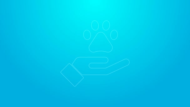Růžová čára Ruce s ikonou zvířecí stopy izolované na modrém pozadí. Zvířecí tlapa v srdci. S láskou ke zvířatům. Grafická animace pohybu videa 4K — Stock video