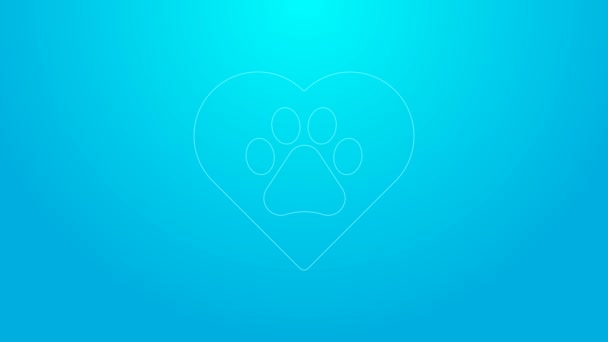 Růžová čára Srdce s ikonou zvířecí stopy izolované na modrém pozadí. Zvířecí tlapa v srdci. S láskou ke zvířatům. Grafická animace pohybu videa 4K — Stock video