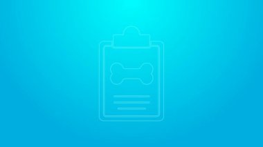 Tıbbi kayıt evcil hayvan ikonunun mavi arka planda izole edildiği pembe çizgi panosu. Sağlık sigortası formu. Tıbbi kontrol işaretleri raporu. 4K Video hareketli grafik canlandırması