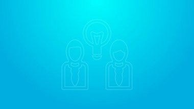 Pembe çizgi. Mavi arka planda lamba ikonu olan insanlar izole edilmiş. Fikir kavramı. 4K Video hareketli grafik canlandırması