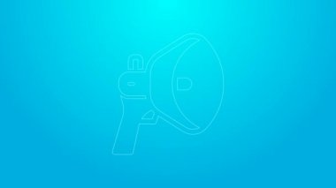 Mavi arkaplanda izole edilmiş pembe çizgi megafon simgesi. Sözcü işareti. 4K Video hareketli grafik canlandırması