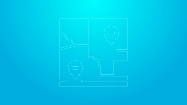 Rosa linje Vikt karta med plats markör ikon isolerad på blå bakgrund. 4K Video motion grafisk animation — Stockvideo