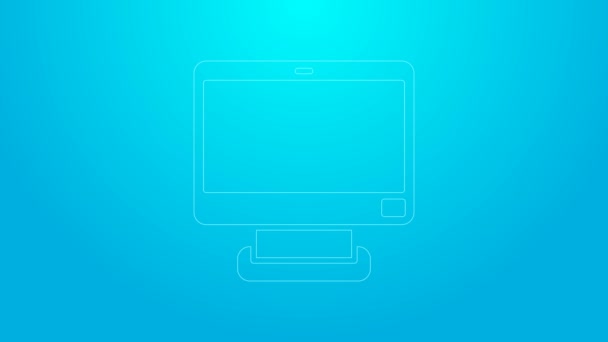 Línea rosa Icono de pantalla de monitor de computadora aislado sobre fondo azul. Dispositivo electrónico. Vista frontal. Animación gráfica de vídeo 4K — Vídeos de Stock