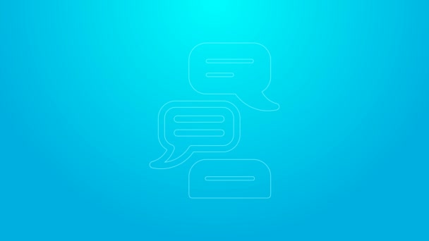 Růžová čára Řeč bublina chat ikona izolované na modrém pozadí. Ikona zprávy. Symbol komunikace nebo komentáře. Grafická animace pohybu videa 4K — Stock video