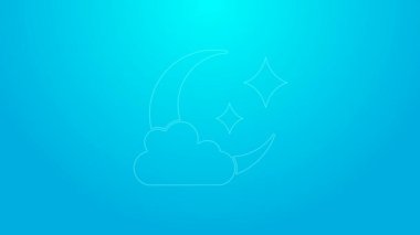 Mavi arka planda ay simgesi olan pembe çizgi bulutu. Bulutlu gece işareti. Uyku rüyalarının sembolü. Gece ya da yatak zamanı tabelası. 4K Video hareketli grafik canlandırması